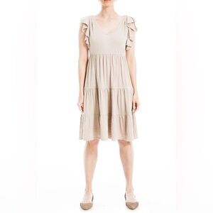Max Studio Ruffle Cap Sleeve Tiered Jersey Babydoll Dress-Oatmeal-Size Large NWT